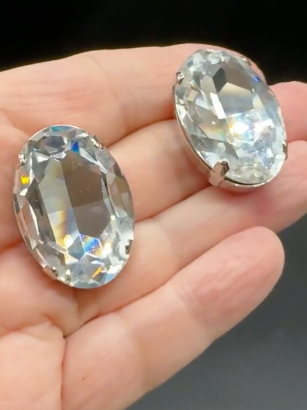 Vintage Pierced Earrings Oval Clear Stone Oversized